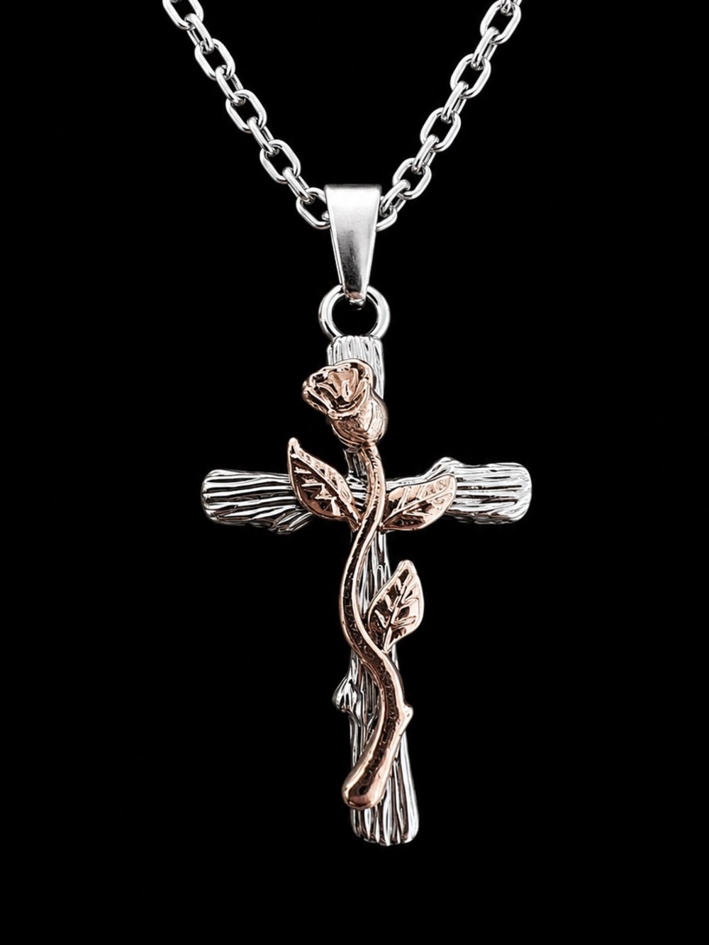 Silver Tone Cross Necklace Rose Gold Tone Rose Pendant Adjustable 20-22”